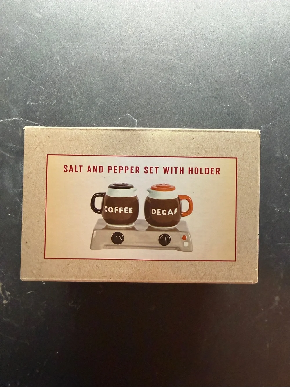 New Crate & Barrel Salt & Pepper Shaker Set Coffee Pot & Decaf with Stand Retro